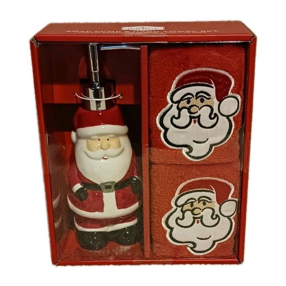 Santa Ceramic Soap Dispenser with Matching Holiday Towels - Red & White